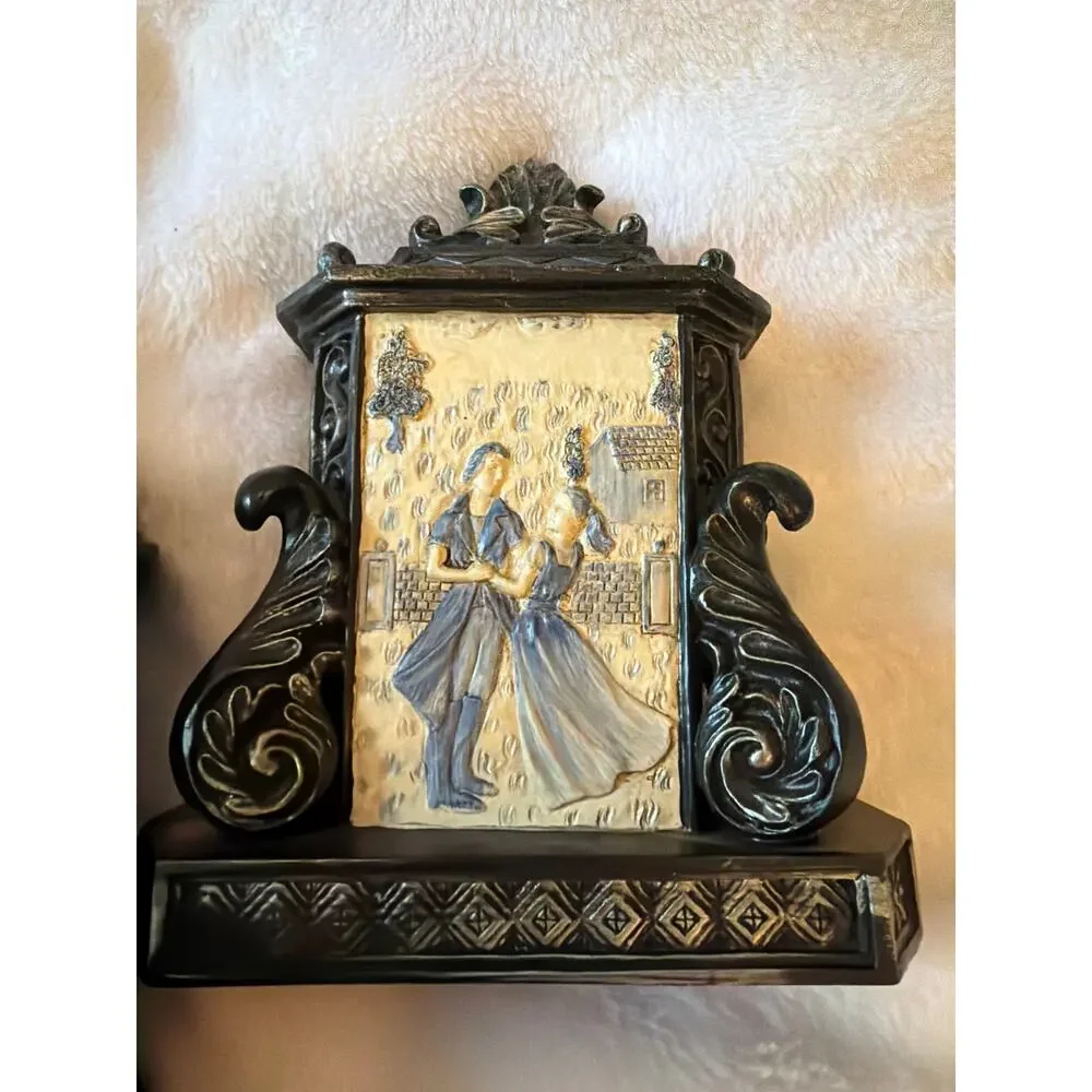 Ornate Victorian Style Desk Set 3pc Decor Courting Couple Relief Bookends Box